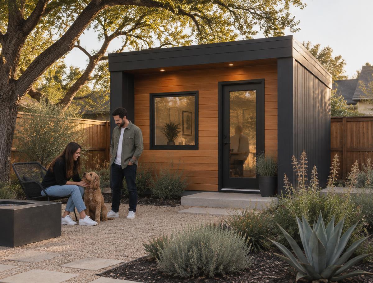 Compact charcoal and cedar backyard studio in a North Texas garden with a couple nearby