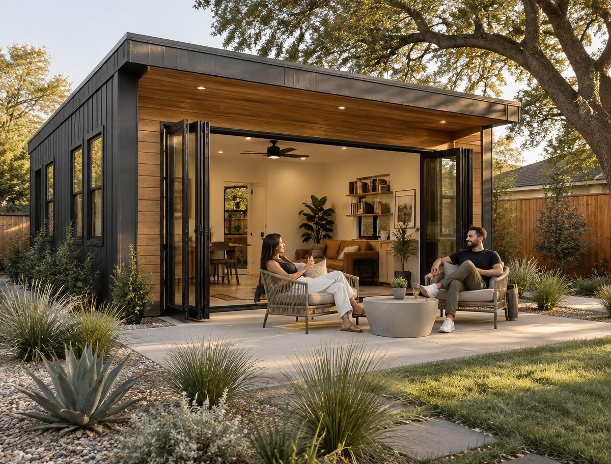 Spacious modern backyard studio with folding glass doors and a modest North Texas patio