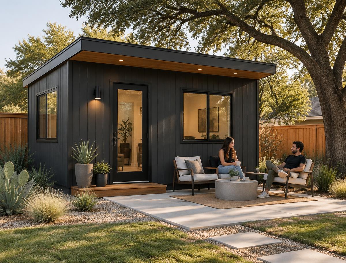 Standard charcoal backyard studio with cedar accents, two windows, and a glass door in North Texas